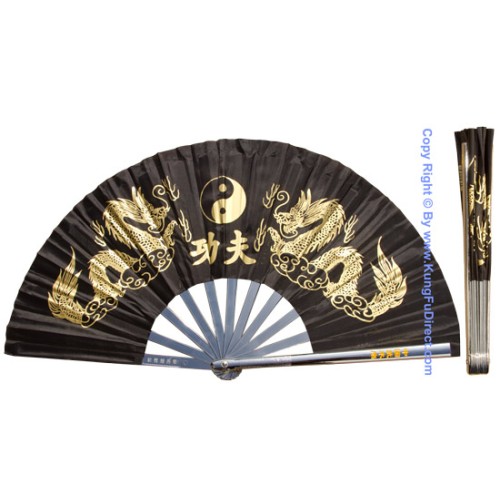 Metal Golden Dragon Black Fan