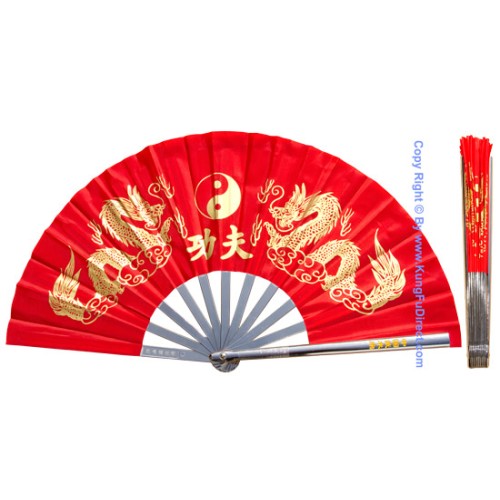 Metal Golden Dragon Red Fan