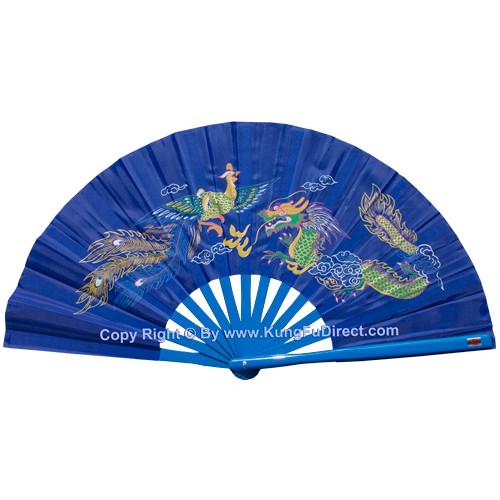 Blue Dragon Phoenix Fan Blue Bamboo Rib