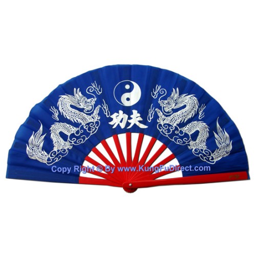 Twin Dragon Blue Fan with Black Rib