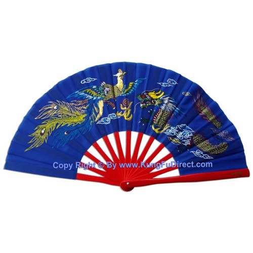 Dragon Phoenix Blue Fan with Red Bamboo Rib