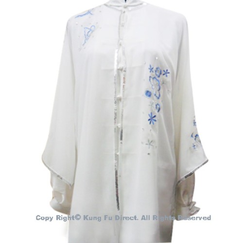 White Shawl with Blue Flower Embroidery/Sliver Color Trim- Shawl Only