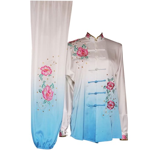 White and Blue Gradient Flower Design Embroidery Long Sleeves