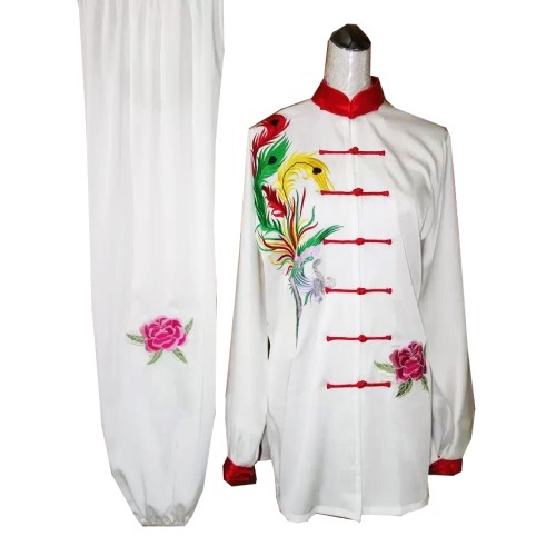 Tai Chi Uniform in White/Red with Phoenix Embroidery