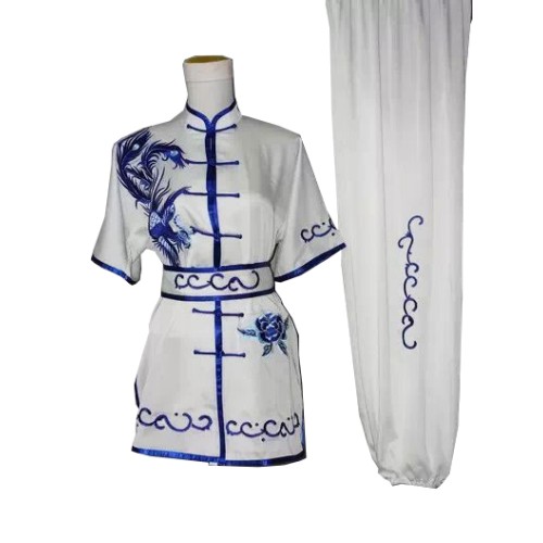 White Uniform with Blue Trim and Embroidery
