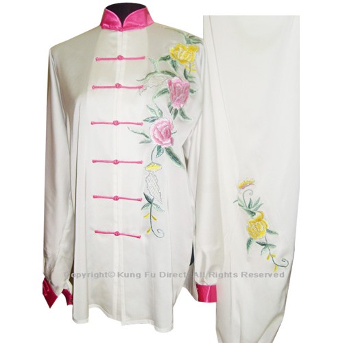 White Uniform With Peony Flower Embroidery and Pink Button