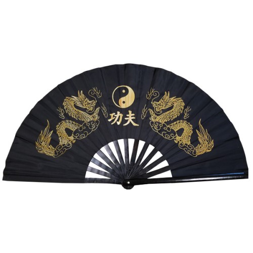 Black Twin Golden Dragon Fan