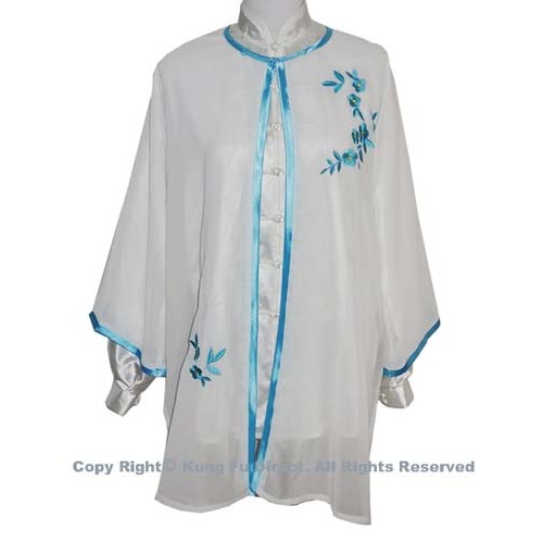 White Shawl with Blue Leaf Embroidery