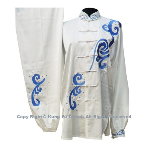 White Uniform with Blue Abstract Dragon Embroidery