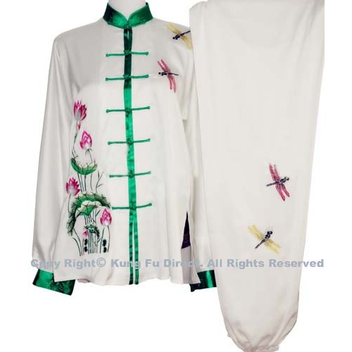 White Uniform with Green Lotus Flower Embroidery